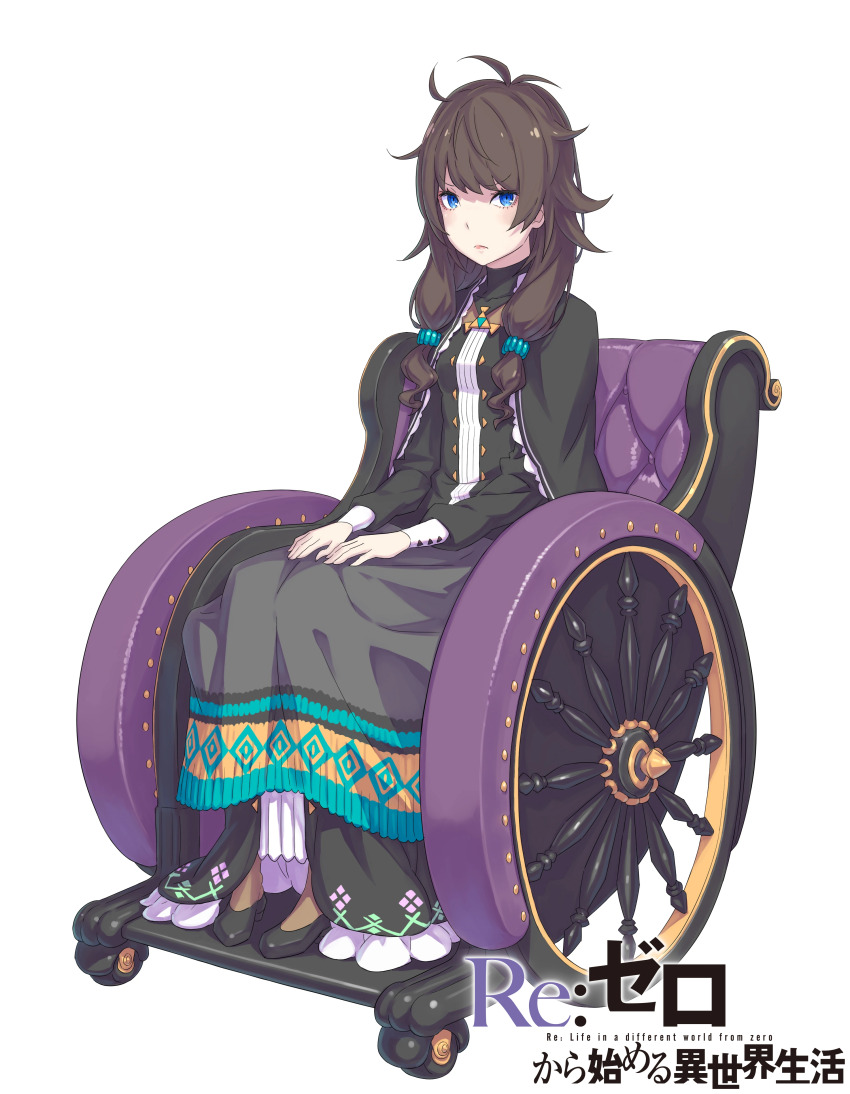 1girl, absurdres, black_dress, blue_eyes, blush, breasts, brown_hair, closed_mouth