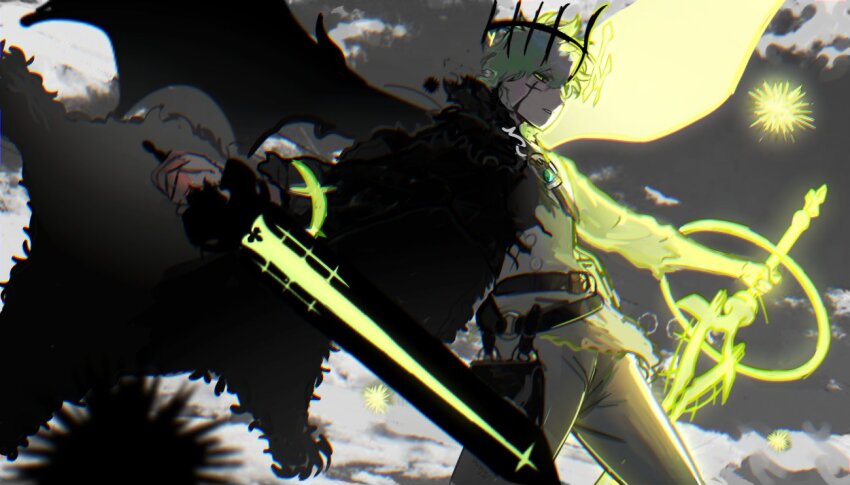 1boy, alternate_form, asymmetrical_dual_wielding, asymmetrical_wings, bag, black_clover, black_coat, black_wings