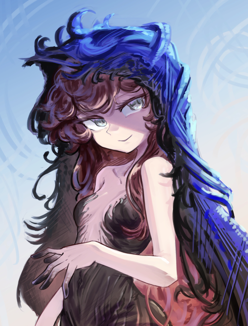 1girl, :>, aqua_eyes, bare_arms, black_dress, black_skin, black_veil, blue_background, blue_veil, breasts, colored_skin, dress, gradient_skin, gyu_mizu, highres, long_hair, nautika_(reverse:1999), pink_hair, plunging_neckline, reverse:1999, shaded_face, small_breasts, solo, strapless, strapless_dress, two-tone_veil, upper_body, veil