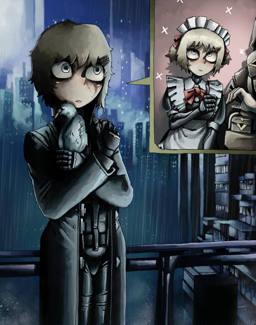 1boy, 1girl, :<, absurdres, against_railing, alternate_costume, alternate_hairstyle, animal