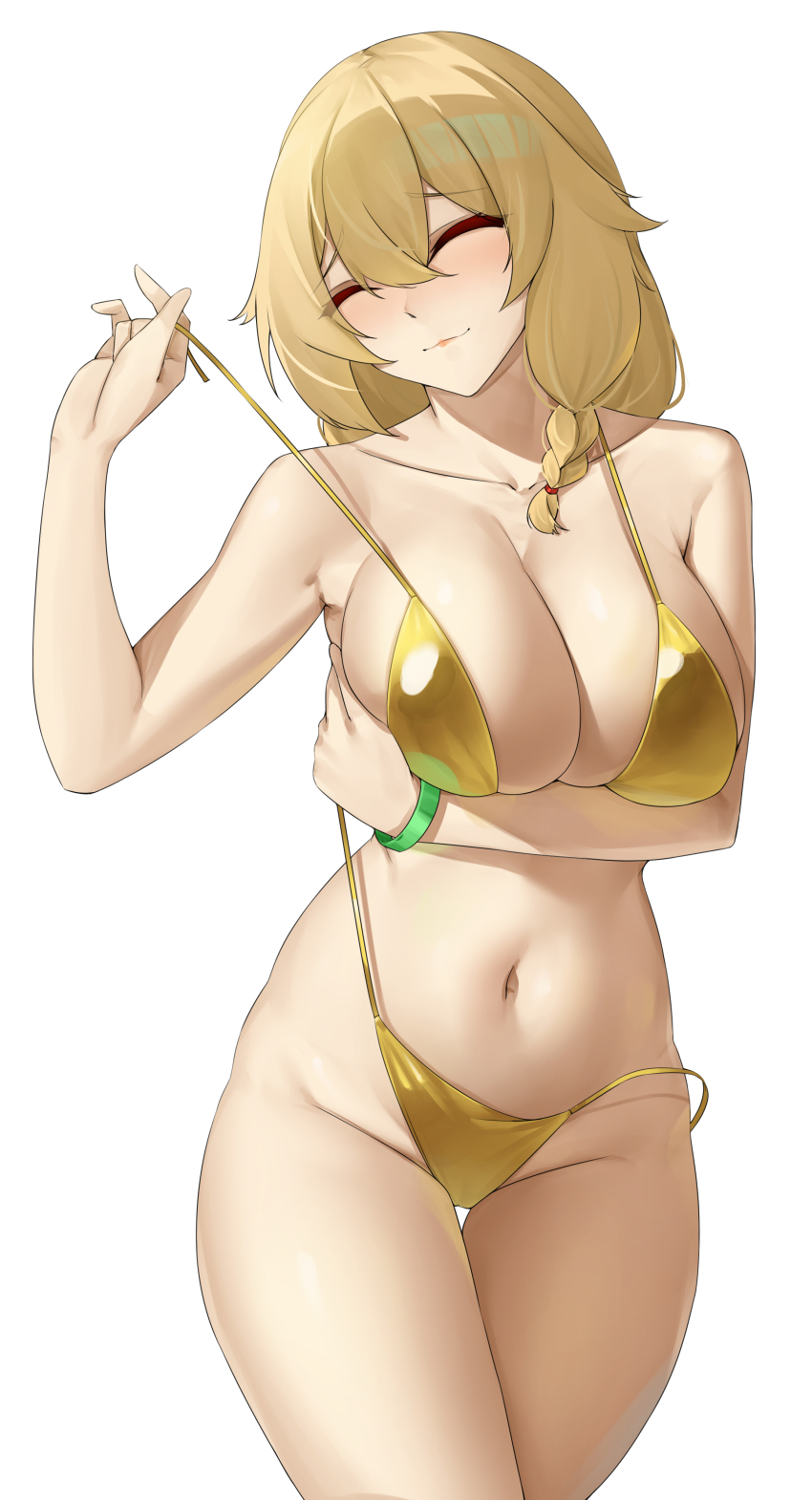 1girl, absurdres, bikini, bikini_pull, blush, breasts, casperrin, cleavage, closed_eyes, closed_mouth, clothes_pull, collarbone, commentary, english_commentary, girls'_frontline, girls'_frontline_2:_exilium, gold_bikini, golden_week, highres, large_breasts, long_hair, mosin-nagant_(girls'_frontline), mosin-nagant_(girls'_frontline_2), navel, side-tie_bikini_bottom, simple_background, solo, stomach, swimsuit, white_background