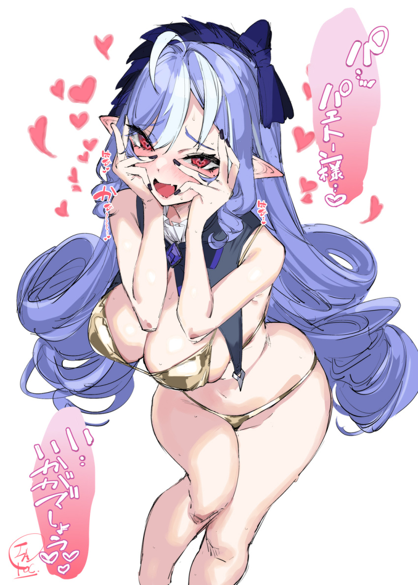 1girl, bikini, black_nails, blush, breasts, commentary_request, drill_hair, fingernails, gold_bikini, hands_on_own_cheeks, hands_on_own_face, highres, iapoc, large_breasts, looking_at_viewer, loving_aura, multicolored_hair, nail_polish, navel, open_mouth, pointy_ears, purple_hair, red_eyes, simple_background, solo, standing, streaked_hair, swimsuit, translation_request, vivian_banshee, white_background, white_hair, zenless_zone_zero