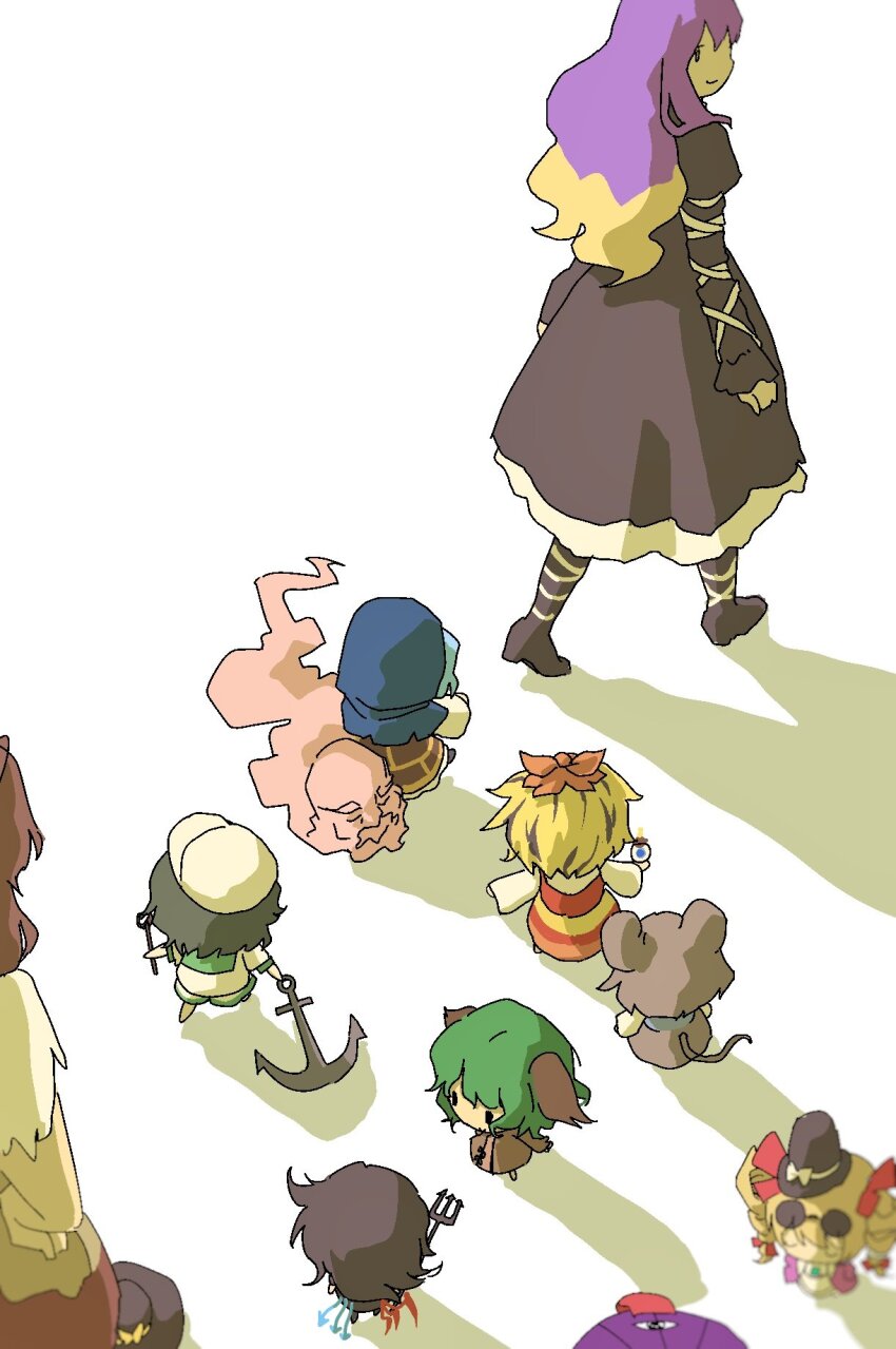 6+girls, aged_down, anchor, animal_ears, asymmetrical_wings, black_dress, black_hair, blonde_hair