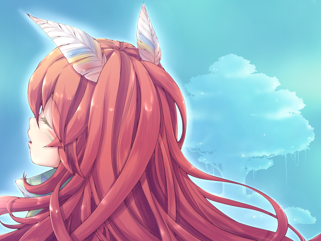 1boy, androgynous, close-up, closed_eyes, facepaint, feather_hair_ornament, feathers, from_behind, hair_ornament, imahia, long_hair, male_focus, popoi_(seiken_densetsu_2), portrait, red_hair, seiken_densetsu, seiken_densetsu_2, solo, tree, upper_body