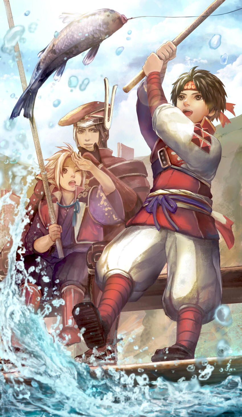 absurdres, beret, black_hair, brown_eyes, family, father_and_child, father_and_son, fish