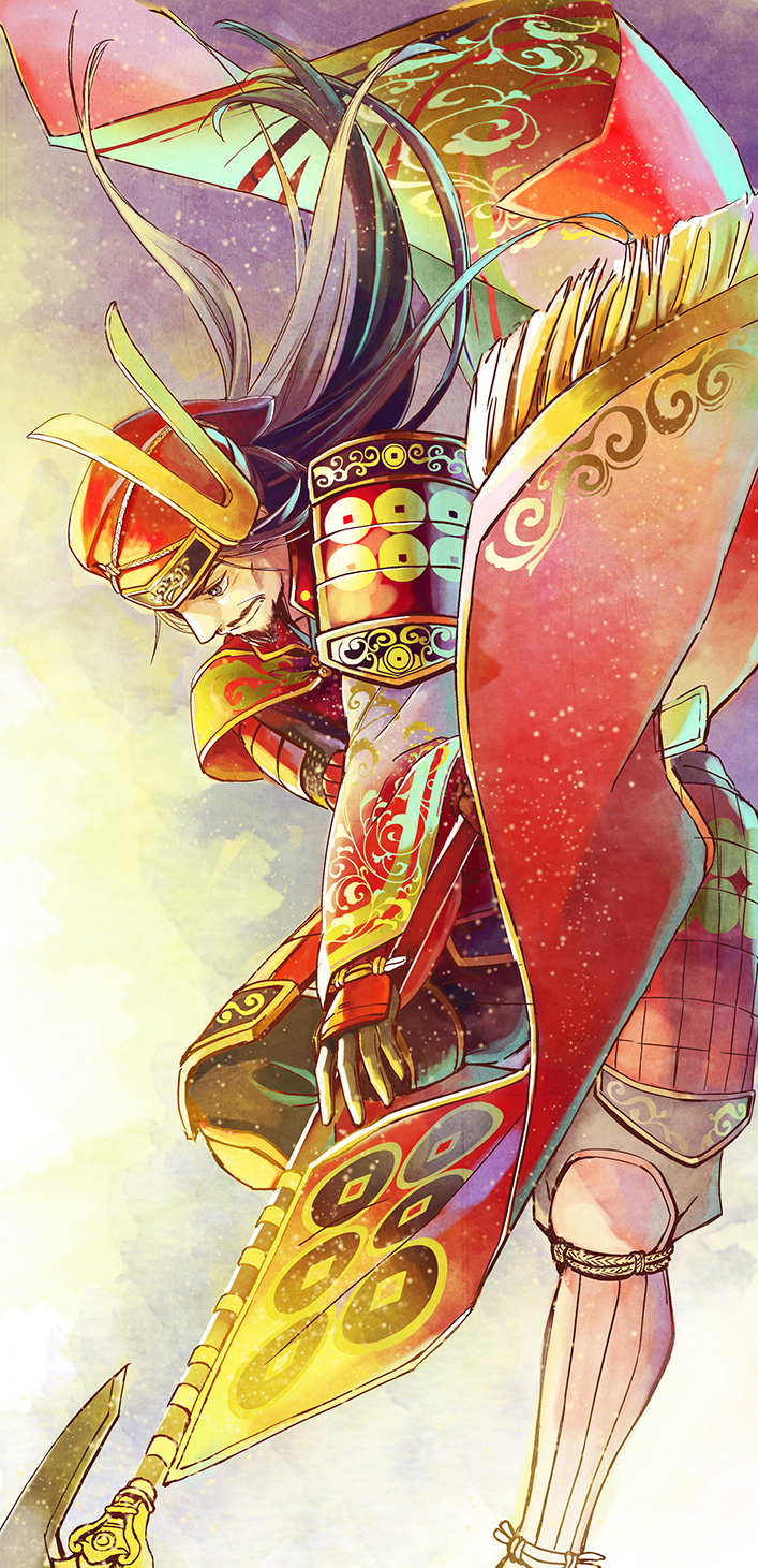 armor, banner, beard, beret, black_hair, facial_hair, hat, highres