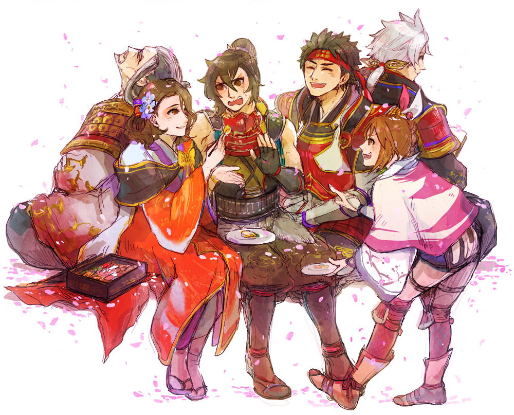 back-to-back, black_hair, brown_eyes, brown_hair, eating, family, hair_ornament, headband