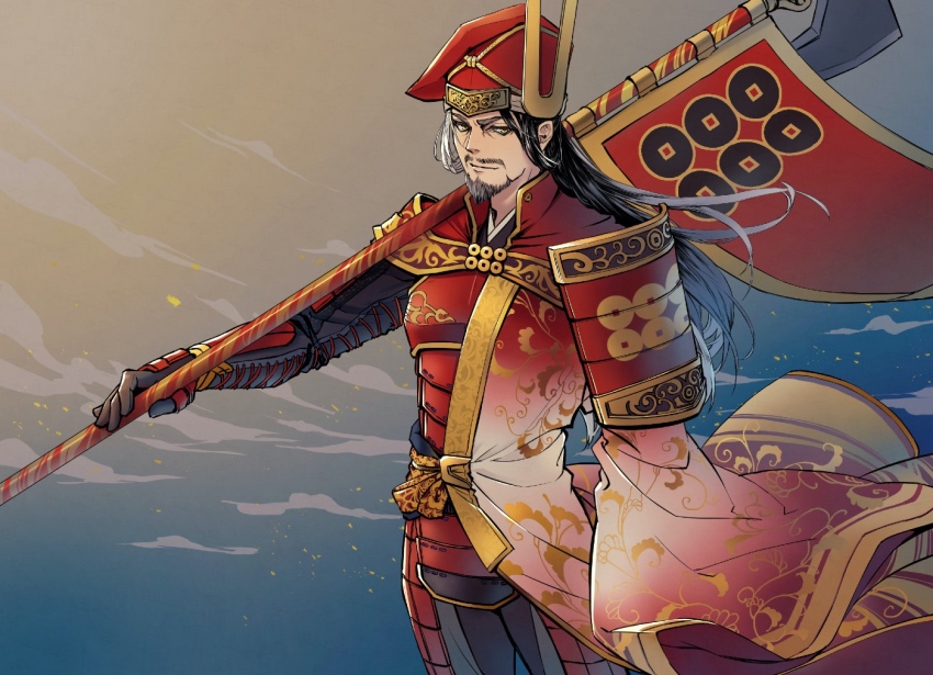 armor, banner, beard, beret, black_hair, facial_hair, hat, japanese_clothes, multicolored_hair, mustache, polearm, sanada_masayuki, sengoku_musou, smile, two-tone_hair, weapon, white_hair