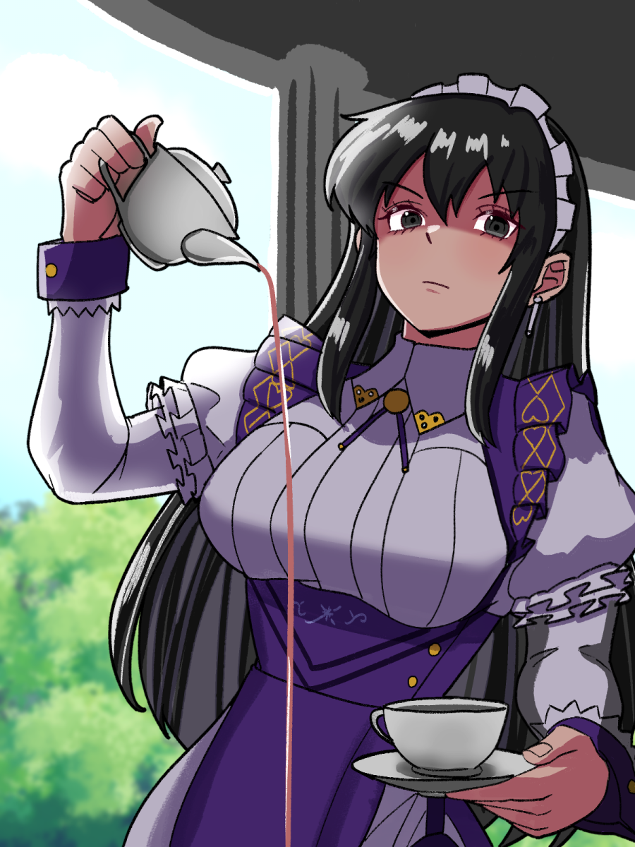1girl, angry, apron, ayra_(fire_emblem), ayra_(tea_party)_(fire_emblem), black_hair, breasts, clumsy