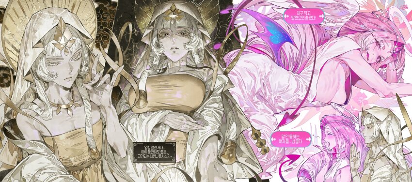 2girls, angel, angel_wings, arm_rest, arm_support, arm_under_breasts, ass, backless_dress, backless_outfit, bare_arms, bat_wings, black_eyes, blank_stare, blue_flower, blunt_bangs, blush, bodhisattva, breasts, brown_skirt, buddhism, chinese_clothes, cleavage, closed_eyes, closed_mouth, clothing_cutout, collarbone, colored_eyelashes, colored_sclera, colored_skin, cookie_run, cookie_run:_kingdom, cowboy_shot, curly_hair, demon_girl, demon_tail, demon_wings, diamond_(gemstone), dress, empty_eyes, eternal_sugar_cookie, expressionless, fallen_angel, fangs, feathered_wings, feathers, fingernails, flower, forehead_jewel, from_above, from_below, from_side, gem, gold_necklace, gold_wheat, hair_ornament, halo, hand_on_own_face, hand_up, hanfu, heart, highres, humanization, jewelry, korean_text, large_breasts, light_rays, long_dress, long_eyelashes, long_fingernails, long_hair, long_sidelocks, long_skirt, long_sleeves, looking_afar, looking_at_viewer, low_twintails, lying, mature_female, meditation, medium_breasts, mudra, multiple_girls, multiple_wings, mystic_flour_cookie, nail_polish, necklace, no_bra, nose, off_shoulder, on_side, open_hand, open_mouth, pale_skin, parted_bangs, pink_eyes, pink_flower, pink_gem, pink_nails, pink_sclera, pink_skin, pink_tail, pink_theme, pink_wings, plunging_neckline, reaching, reaching_towards_viewer, ribs, robe, seductive_smile, serious, shaded_face, sharp_fingernails, shawl, shoulder_blades, sideboob, sidelocks, simple_background, skirt, sleeveless, sleeveless_dress, slit_pupils, smile, solo, straight-on, taecookie777, tail, tail_through_clothes, tassel, tongue, tongue_out, twintails, upper_body, veil, very_long_hair, vitarka_mudra, white_background, white_dress, white_eyelashes, white_eyeshadow, white_feathers, white_gem, white_hair, white_hanfu, white_lips, white_nails, white_robe, white_shawl, white_skirt, white_theme, white_veil, white_wings, wide_sleeves, wings, yawning