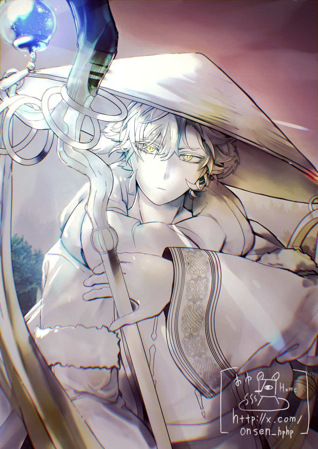 1other, hat, highres, holding, holding_staff, madan_no_ichi, messy_hair, onsen_hphp