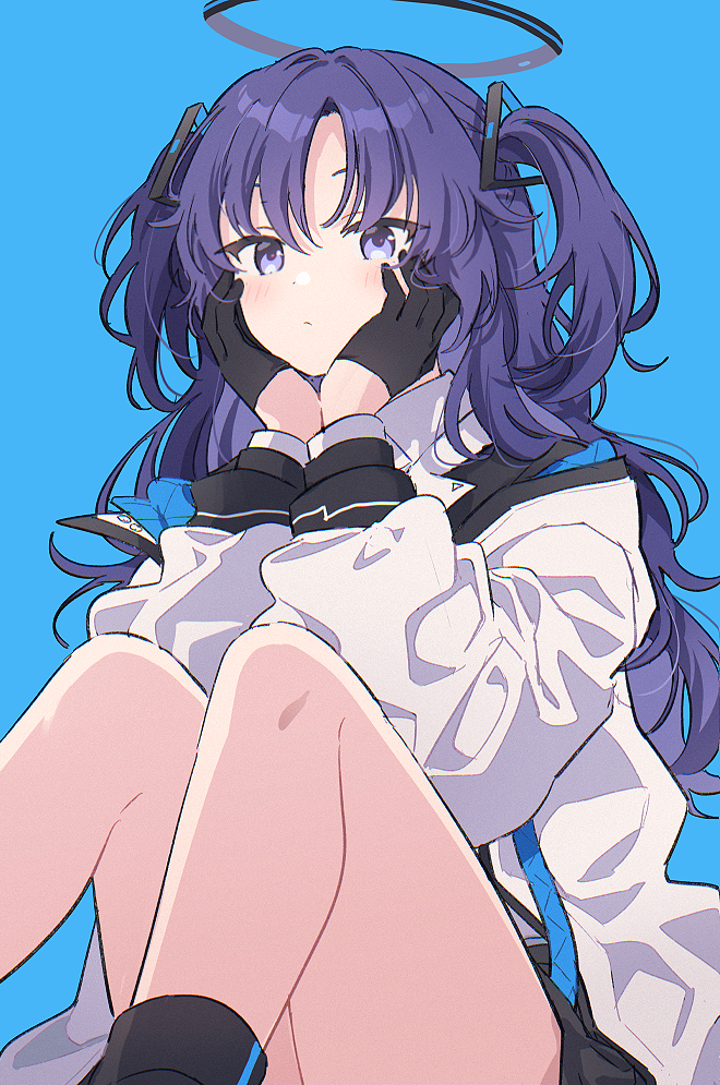 1girl, black_gloves, blue_archive, blue_background, blush, closed_mouth, collared_shirt, commentary_request