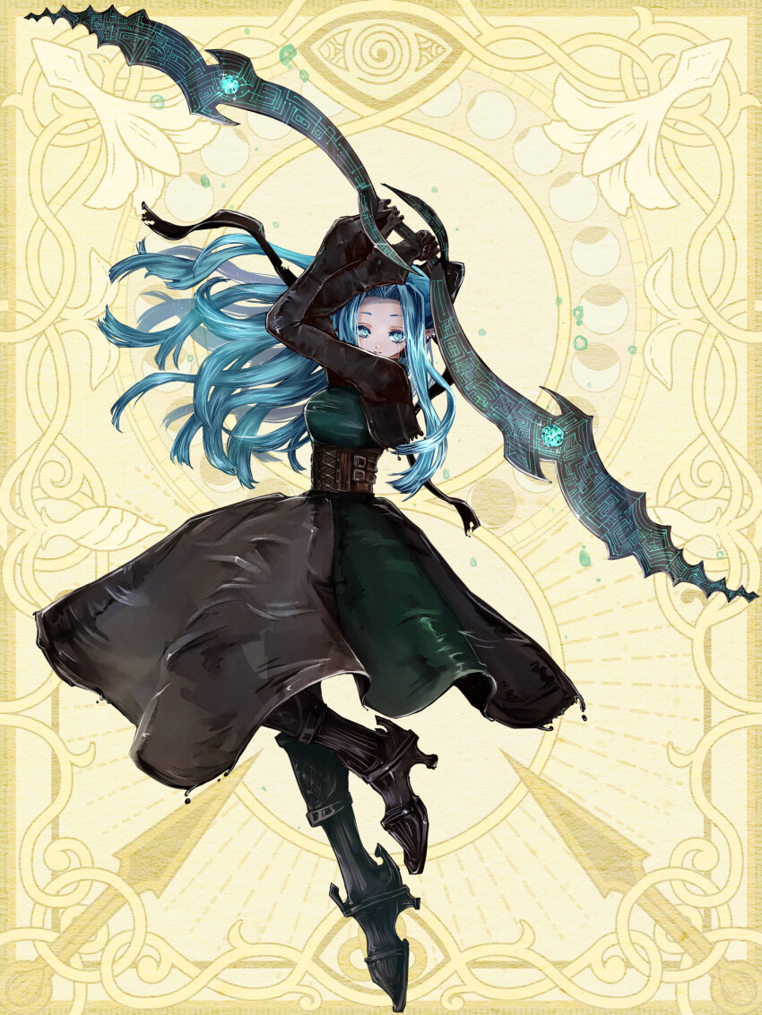 1girl, arms_up, belt, black_boots, black_dress, black_gloves, blue_eyes, blue_hair, boots, celestine_windiel, chain_paradox, dress, elf, full_body, gloves, green_dress, grey_hair, high_heel_boots, high_heels, highres, holding, holding_weapon, long_sleeves, looking_at_viewer, pointy_ears, solo, watakushi_(tw), weapon, yellow_background