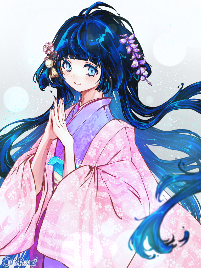 1girl, blue_eyes, blue_hair, chain_paradox, copyright_name, flower, hair_flower, hair_ornament