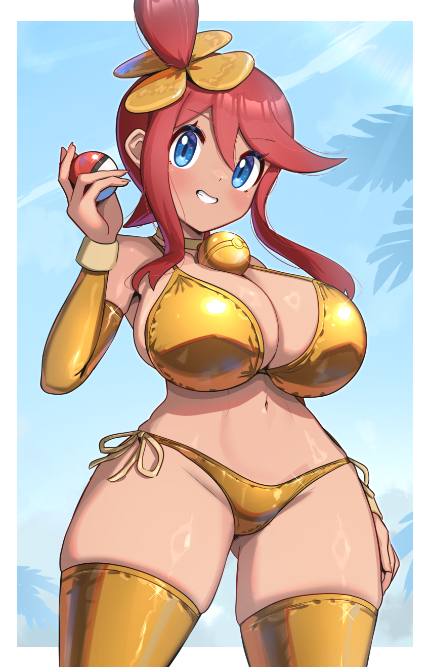 1girl, absurdres, bikini, blue_eyes, blush, breasts, detached_sleeves, gold_bikini, gold_sleeves, gold_thighhighs, gonzarez, hair_ornament, highres, holding, holding_poke_ball, large_breasts, long_hair, looking_at_viewer, midriff, navel, nintendo, poke_ball, poke_ball_(basic), pokemon, pokemon_black_and_white, red_hair, short_hair_with_long_locks, sidelocks, skyla_(pokemon), smile, solo, swimsuit, thighhighs