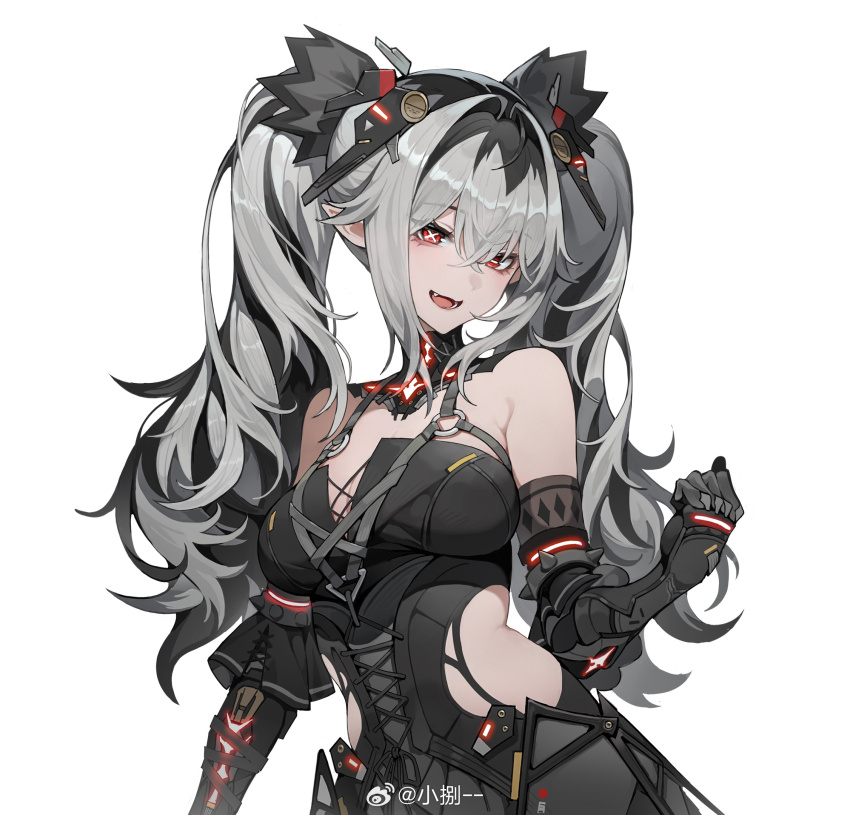 1girl, black_hair, breasts, chinese_commentary, clothing_cutout, gauntlets, grey_hair, hachisan