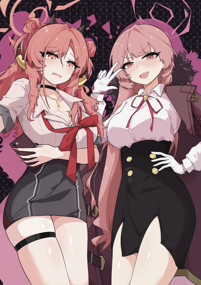 2girls, absurdres, arm_under_breasts, aru_(blue_archive), aru_(blue_archive)_(cosplay), black_choker, black_skirt, blue_archive