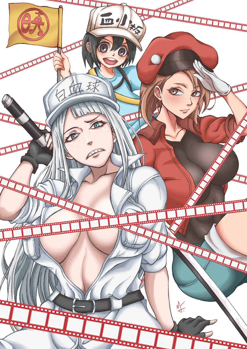 3girls, asakusa_midori, black_gloves, commentary, cosplay, eizouken_ni_wa_te_wo_dasu_na!, film_strip, fingerless_gloves