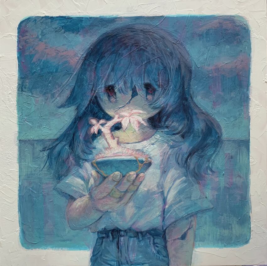 1girl, absurdres, acrylic_paint_(medium), arm_at_side, bandaid, black_hair, border, commentary_request