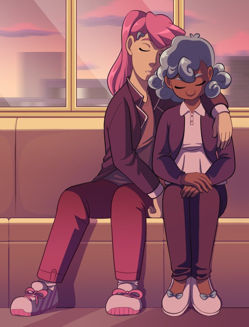 2girls, black_pants, blue_hair, closed_eyes, collared_shirt, couple, curly_hair, dark-skinned_female