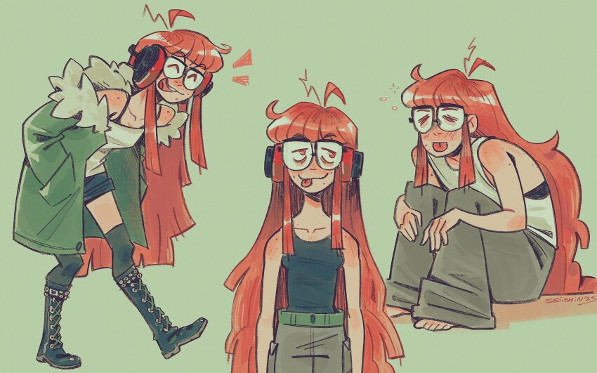 1girl, ^_^, absurdres, ahoge, black-framed_eyewear, black_boots, black_tank_top, black_thighhighs, blunt_bangs, blush, boots, bra_strap, breasts, brown_eyes, brown_hair, closed_eyes, closed_mouth, coat, collarbone, glasses, green_background, green_coat, headphones, highres, knee_boots, lace-up_boots, open_mouth, persona, persona_5, sakura_futaba, seiishin, simple_background, small_breasts, smile, solo, tank_top, teeth, thighhighs, tongue, tongue_out, upper_teeth_only