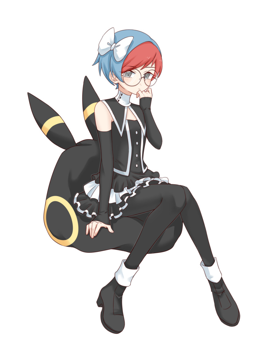 1girl, absurdres, bag, bean_bag_chair, black_pantyhose, blush, bow, buttons, chinese_commentary, closed_mouth, commentary_request, cosplay, detached_sleeves, frills, gen_2_pokemon, glasses, grey_eyes, hand_up, highres, knees_together_feet_apart, marley_(pokemon), marley_(pokemon)_(cosplay), multicolored_hair, nintendo, pantyhose, penny_(pokemon), pokemon, pokemon_diamond/pearl/platinum, pokemon_scarlet_and_violet, round_eyewear, short_hair, sitting, solo, two-tone_hair, umbreon, very_short_hair, white_bow, zhen_xionggui