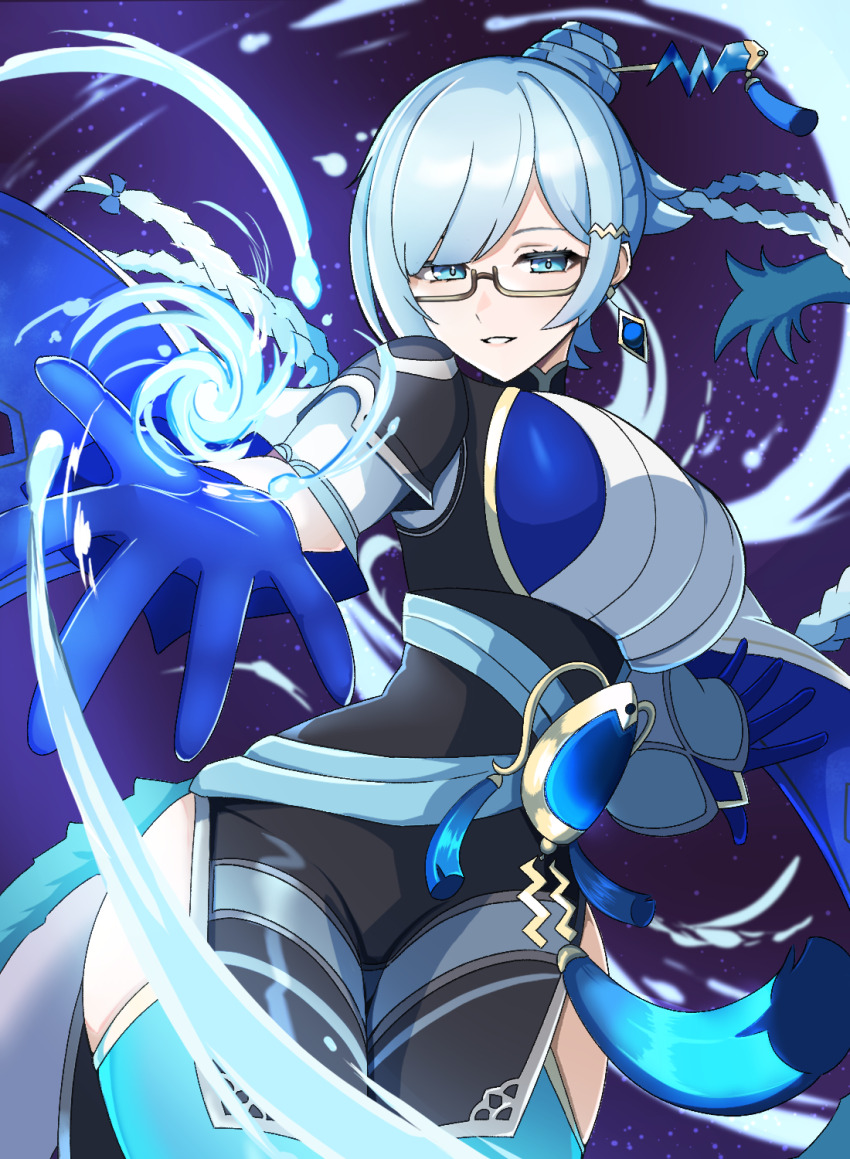 1girl, aqua_eyes, aqua_hair, blue_gloves, blue_thighhighs, braid, breasts, brooch