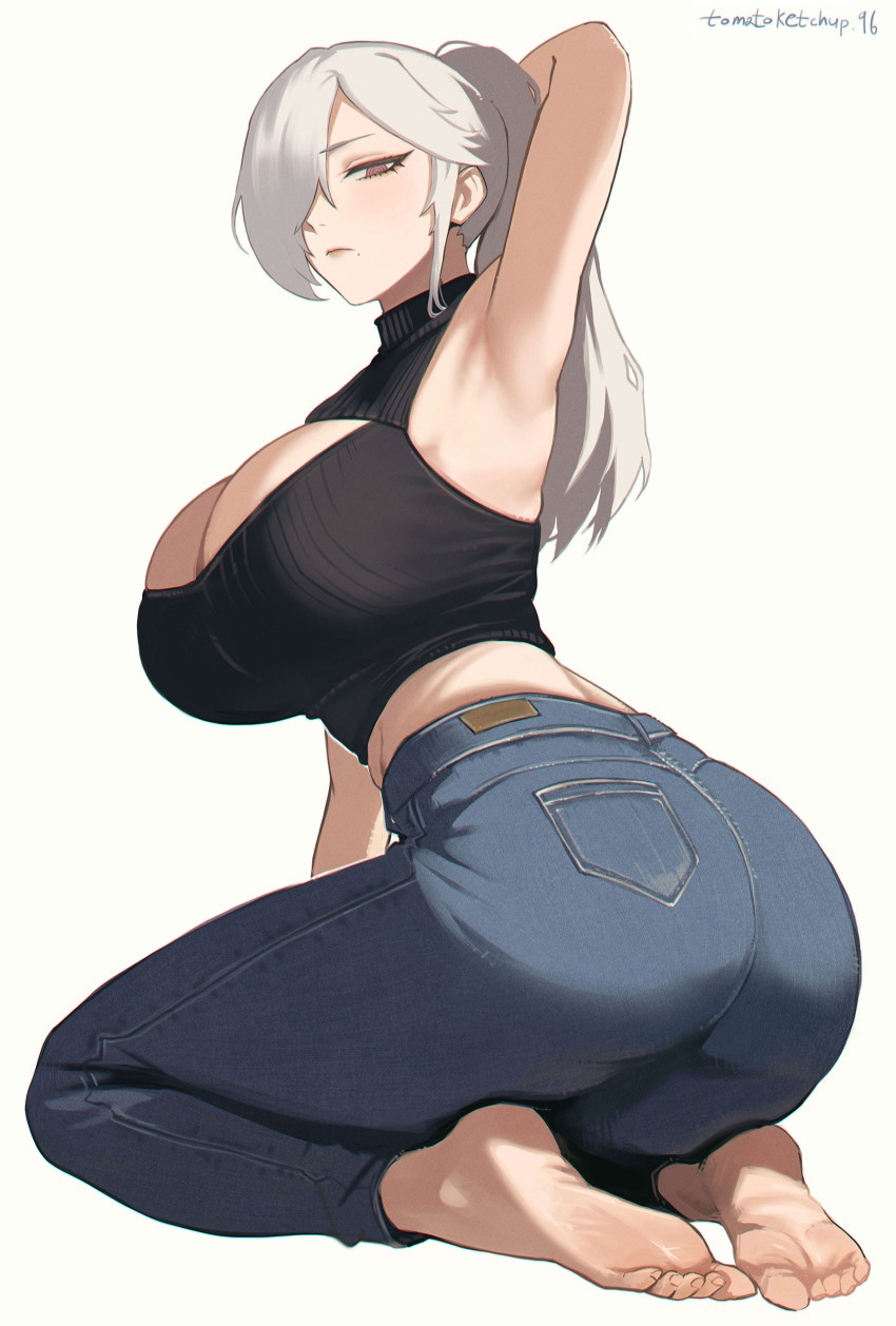 1girl, absurdres, arm_behind_head, armpits, artist_name, ass, barefoot, black_sweater
