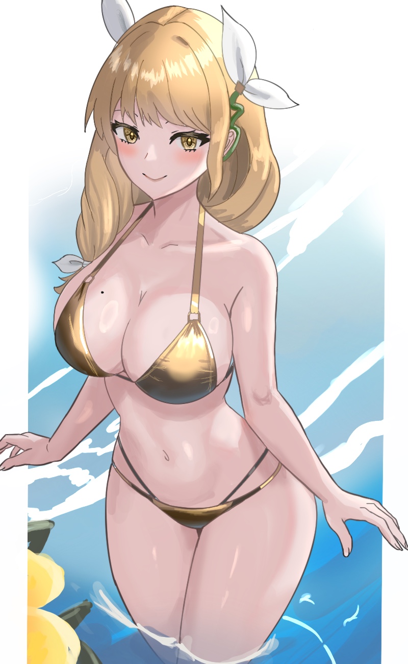 1girl, bikini, blush, braid, braided_ponytail, breasts, brown_hair, cleavage