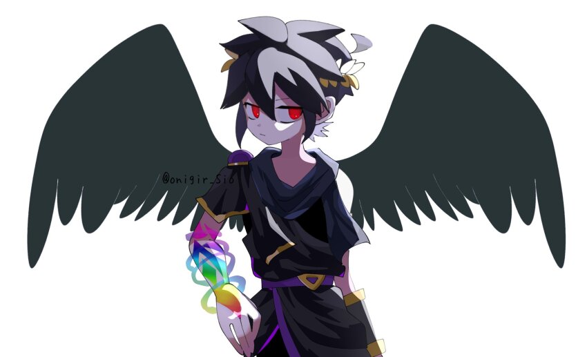 1boy, ahoge, angel, angel_wings, black_hair, dark_pit, highres, kid_icarus, kid_icarus_uprising, laurel_crown, male_focus, nintendo, onigiri_(onigir_sio), red_eyes, simple_background, solo, violet_palm_(kid_icarus), white_background, wings