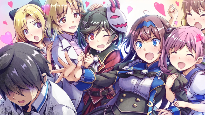 1boy, 6+girls, arm_hug, black_hair, blonde_hair, blue_eyes, breasts, brown_eyes, brown_hair, depressed, doctor, dress, embarrassed, flustered, gal_guardians, gal_gun_(series), game_cg, game_screenshot, gelbooru_sample, grey_eyes, half-closed_eyes, harem, heart, heart-shaped_pupils, hug, image_sample, inti_creates, kamizono_maya, kamizono_shinobu, large_breasts, mask, mask_on_head, mature_female, multiple_girls, official_art, one_eye_closed, open_mouth, outstretched_arm, pimp, pink_eyes, purple_hair, school_uniform, short_hair, small_breasts, smile, sweatdrop, symbol-shaped_pupils, tears, thick_thighs, thighs, turn_pale, twintails, yuri