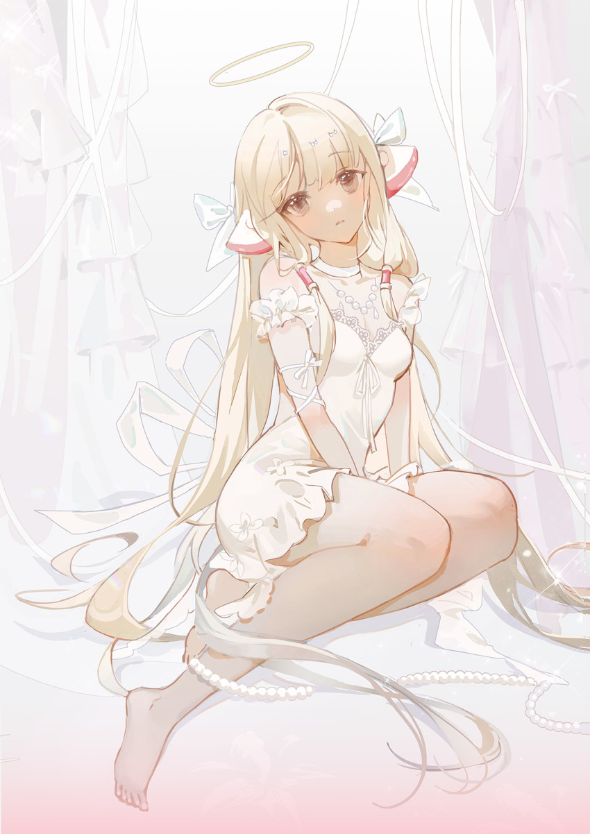 1girl, arm_ribbon, arm_strap, bare_legs, barefoot, between_legs, blonde_hair, bow