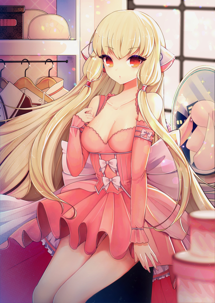 1girl, animal_ears, atashi_(chobits), blonde_hair, bow, breasts, chii, chobits, cleavage, closet, clothes_hanger, commentary_request, dress, frills, gloves, hair_tubes, highres, indoors, large_breasts, long_hair, looking_at_viewer, orange_eyes, persocom_(chobits), pink_bow, pink_dress, pink_gloves, robot_ears, solo, tundrea, very_long_hair, window