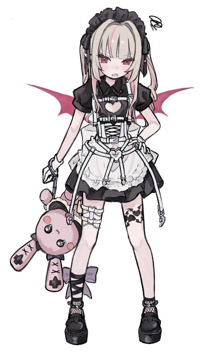 1girl, anklet, apron, black_dress, brown_hair, buckle, chest_harness, cleavage_cutout