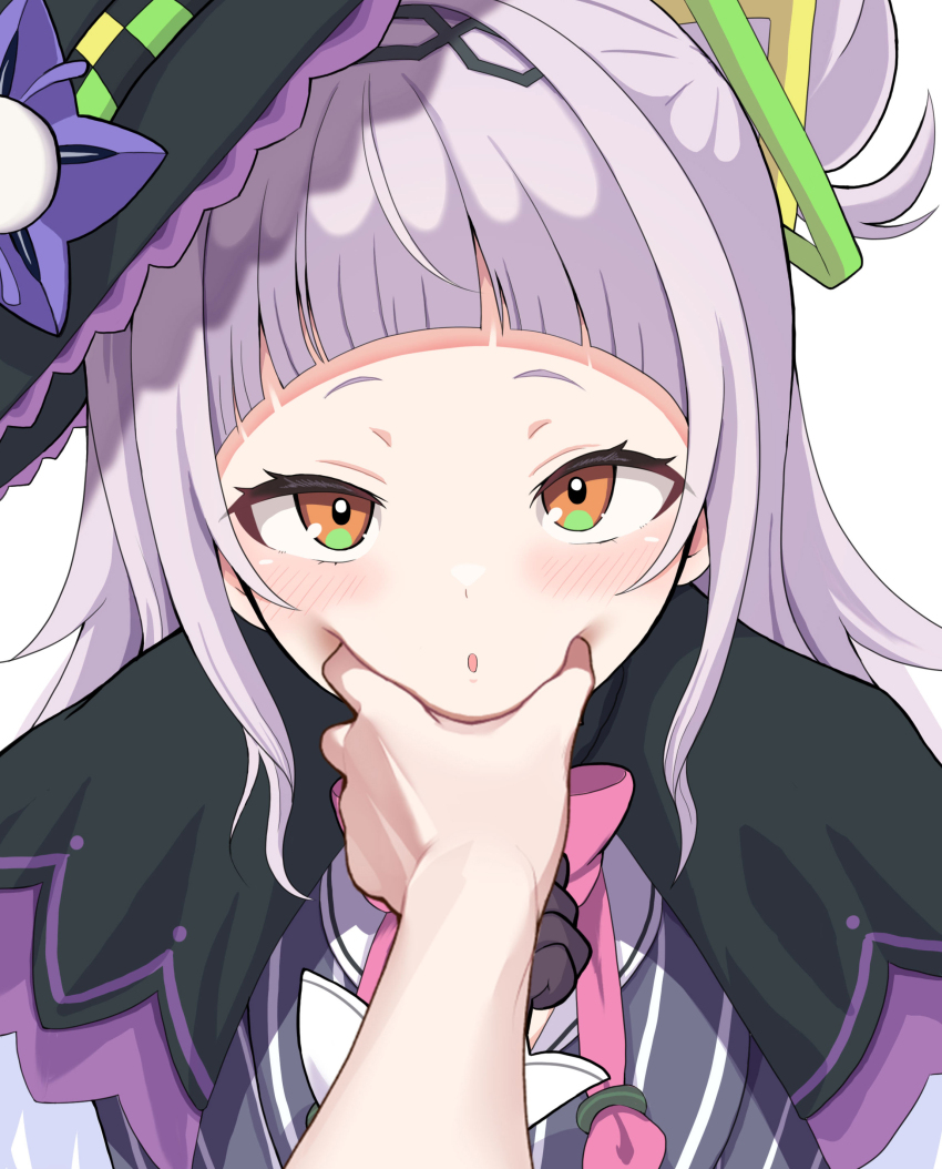 1boy, 1girl, 264_(user_ffyd3374), :o, absurdres, arched_bangs, black_capelet, black_gloves