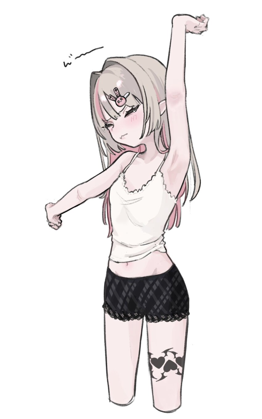 1girl, arm_up, armpits, black_shorts, blush, brown_hair, camisole, closed_eyes
