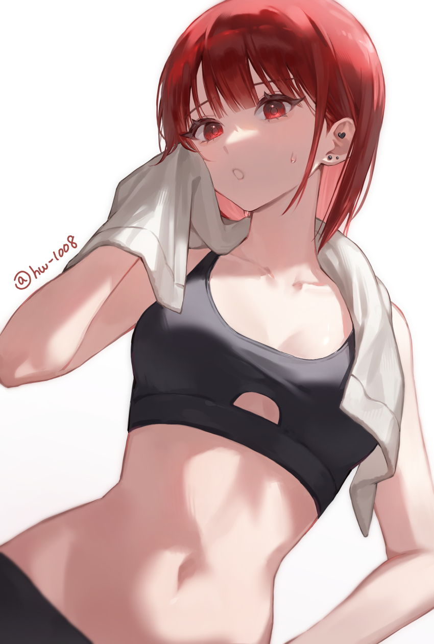 1girl, absurdres, black_tank_top, breasts, collarbone, ear_piercing, haewoo-b, highres, medium_breasts, navel, open_mouth, original, piercing, red_eyes, red_hair, simple_background, solo, sweat, tank_top, towel, twitter_username, upper_body, white_background