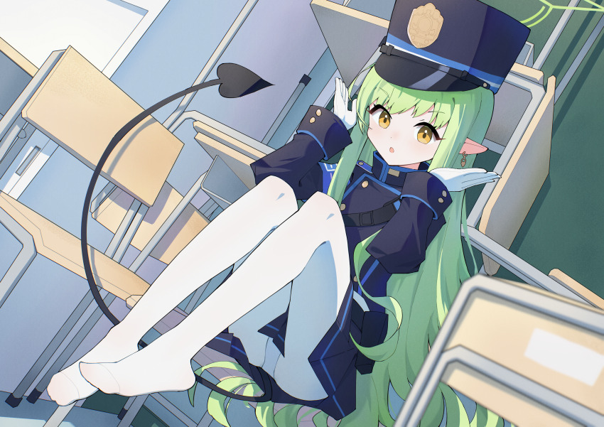 1girl, absurdres, anleewind, blue_archive, blue_hat, blue_jacket, buttons, classroom