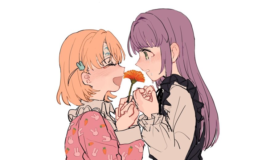 2girls, animal_print, black_dress, blush, carrot_print, cerise_bouquet, commentary, crying, crying_with_eyes_open, dress, ear_blush, flower, food_print, frilled_dress, frilled_sleeves, frills, gerbera, green_eyes, highres, hinoshita_kaho, hinoshita_kaho_(young), holding, holding_flower, link!_like!_love_live!, long_hair, long_sleeves, looking_at_another, love_live!, multiple_girls, nose_blush, official_alternate_costume, orange_flower, orange_hair, otomune_kozue, otomune_kozue_(young), pajamas, pinafore_dress, pink_pajamas, print_pajamas, purple_hair, rabbit_print, short_hair, sidelocks, simple_background, sleeveless, sleeveless_dress, untranslatable_commentary, tears, upper_body, virtual_youtuber, white_background, zuisetsu
