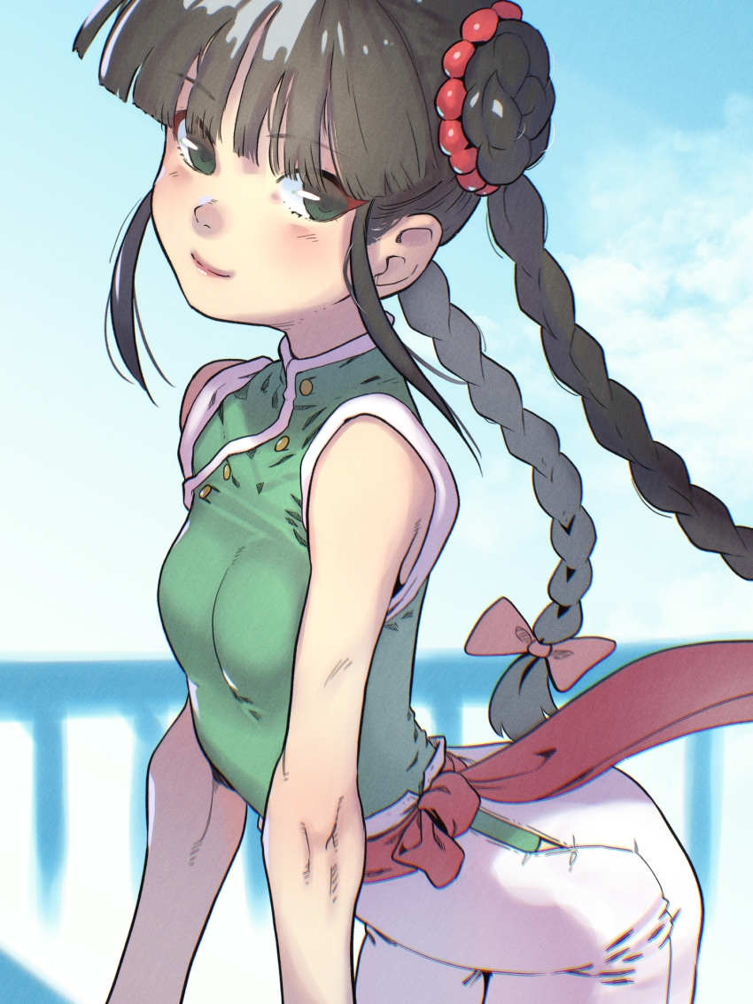 1girl, artist_logo, artist_name, bow, braid, breasts, closed_mouth, cowboy_shot