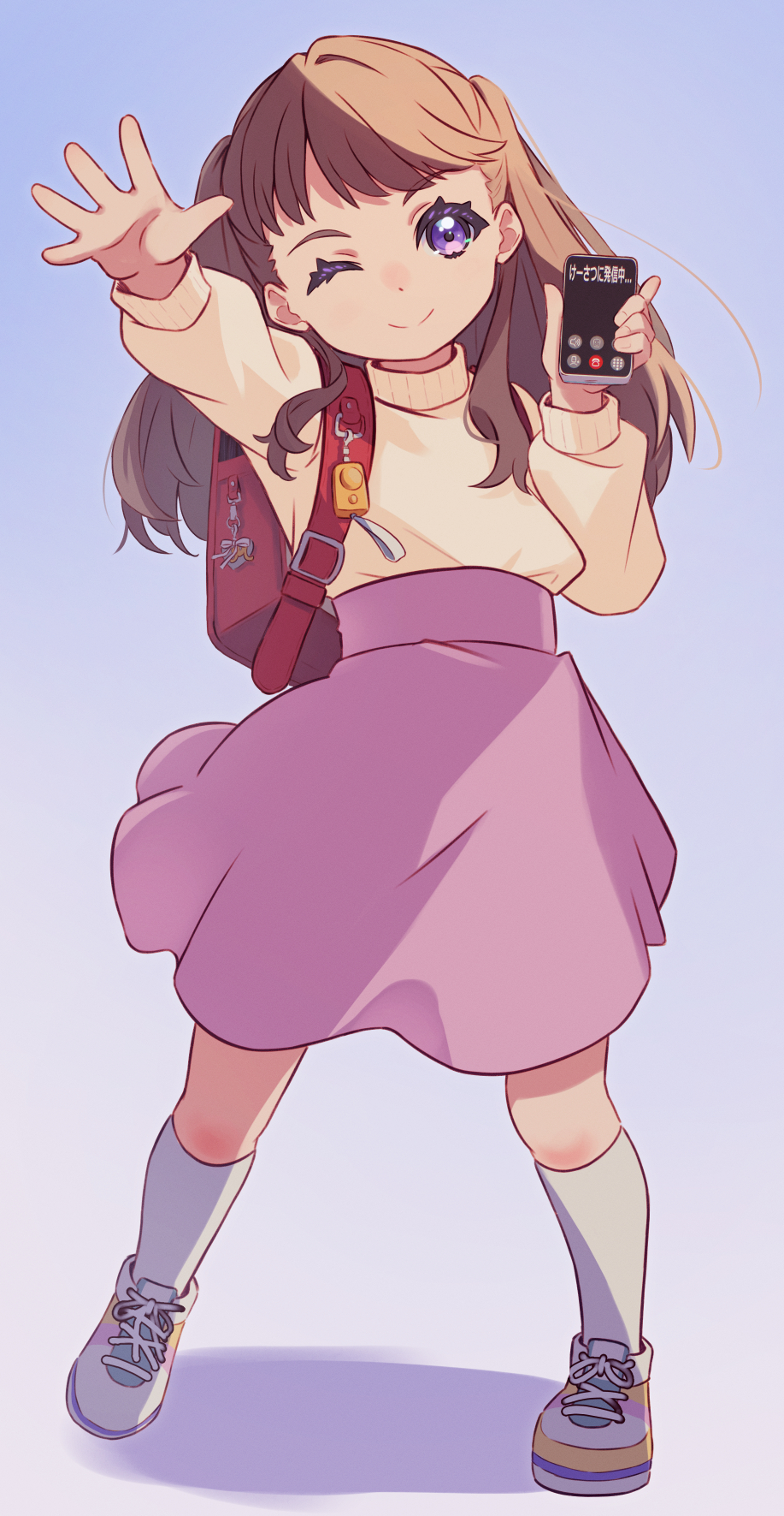 1girl, ;), alt_text, arm_up, backpack, bad_id, bad_twitter_id, bag