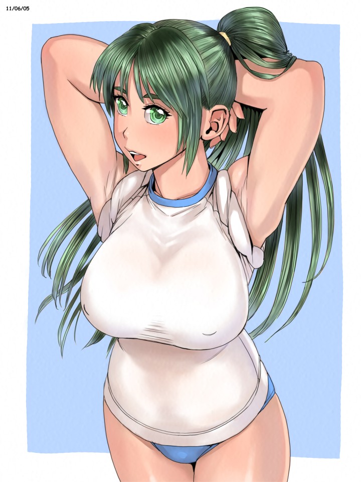 1girl, armpits, arms_behind_head, arms_up, breasts, buruma, female_focus, green_eyes
