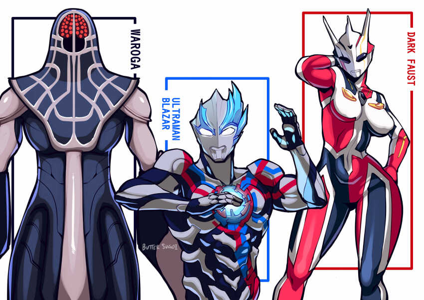 1girl, 2boys, alternate_breast_size, arm_behind_head, artist_name, breasts, butter_sugoi, character_name