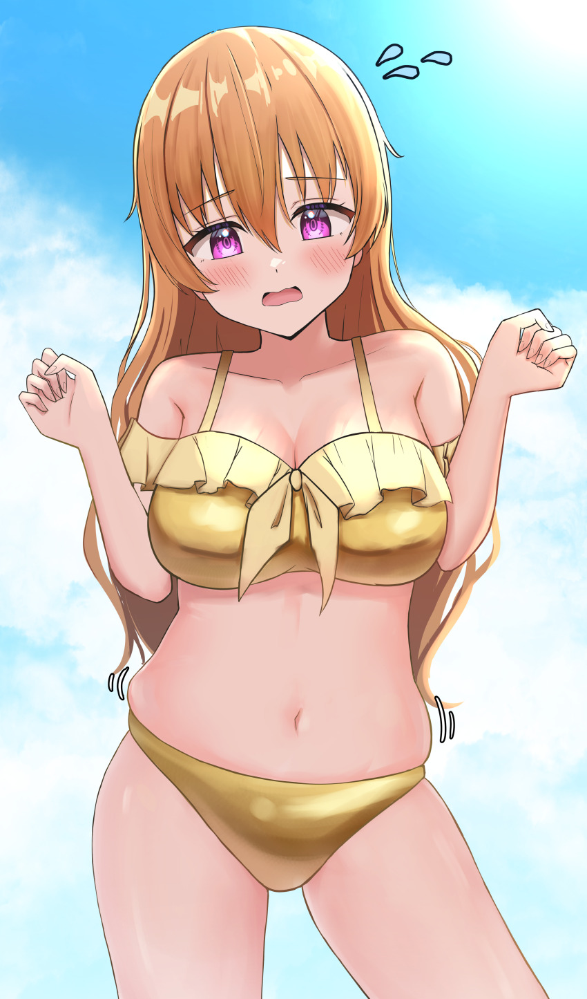 1girl, absurdres, bare_shoulders, bikini, blue_sky, blush, breasts, brown_hair