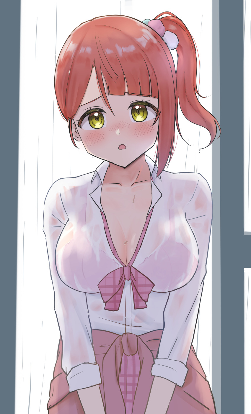1girl, absurdres, blunt_bangs, blush, bow, bowtie, bra, bra_visible_through_clothes