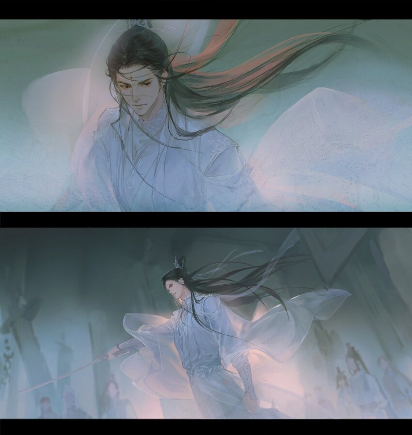 6+boys, black_eyes, brown_hair, chinese_commentary, clenched_hand, clenched_teeth, closed_mouth, cowboy_shot, crowd, faceless, facial_mark, forehead_mark, grin, highres, hu_suo_badao, letterboxed, liu_yao, long_sleeves, looking_ahead, looking_at_viewer, male_focus, multiple_boys, multiple_views, ribbon, ribboned_xiao_guan, sash, smile, teeth, topknot, white_hair, white_ribbon, white_sash, wide_sleeves, wind, wind_lift, xiao_guan_(headdress), yan_zhengming