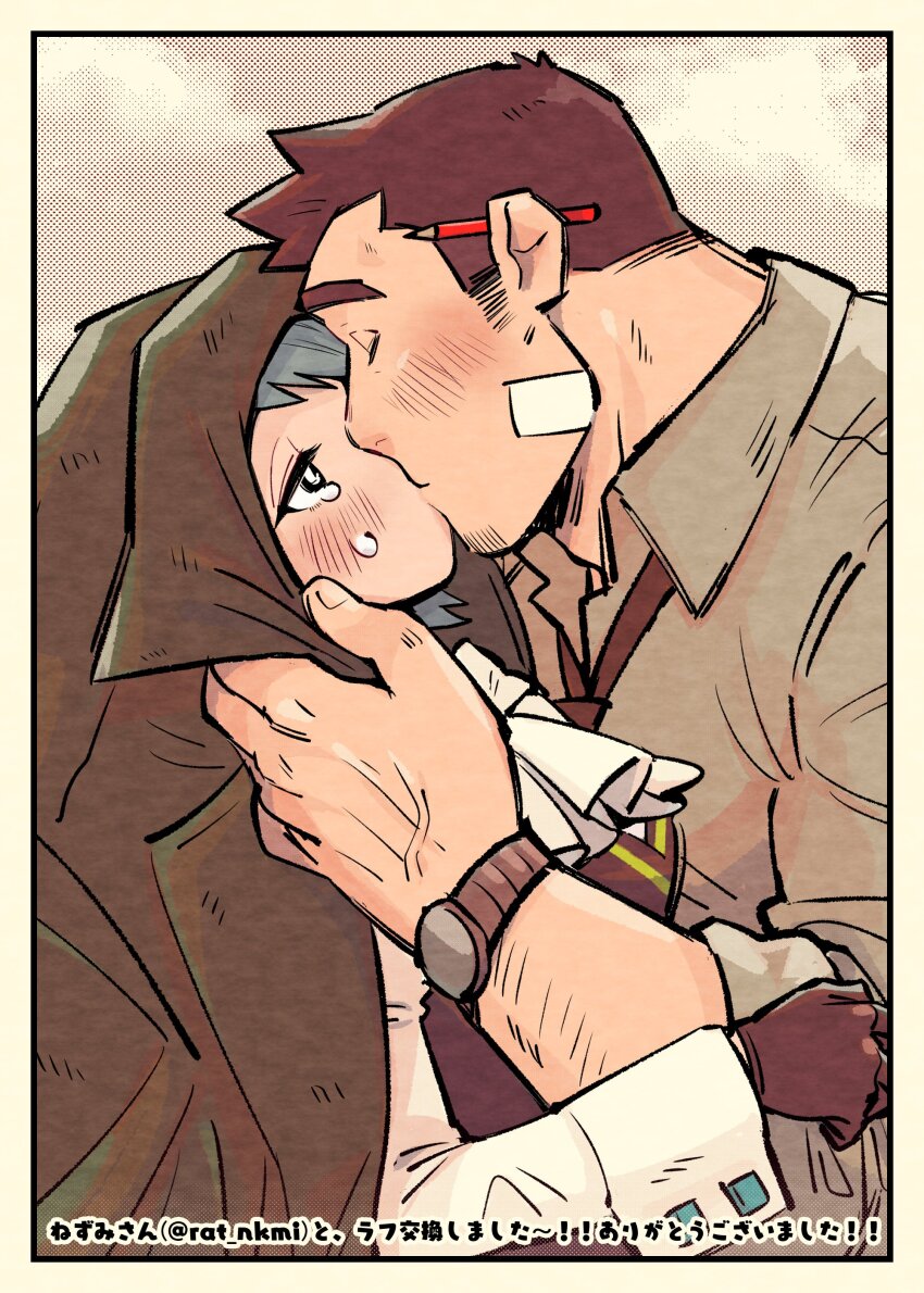 1boy, 1girl, absurdres, ace_attorney, arm_hair, ascot, blush, border