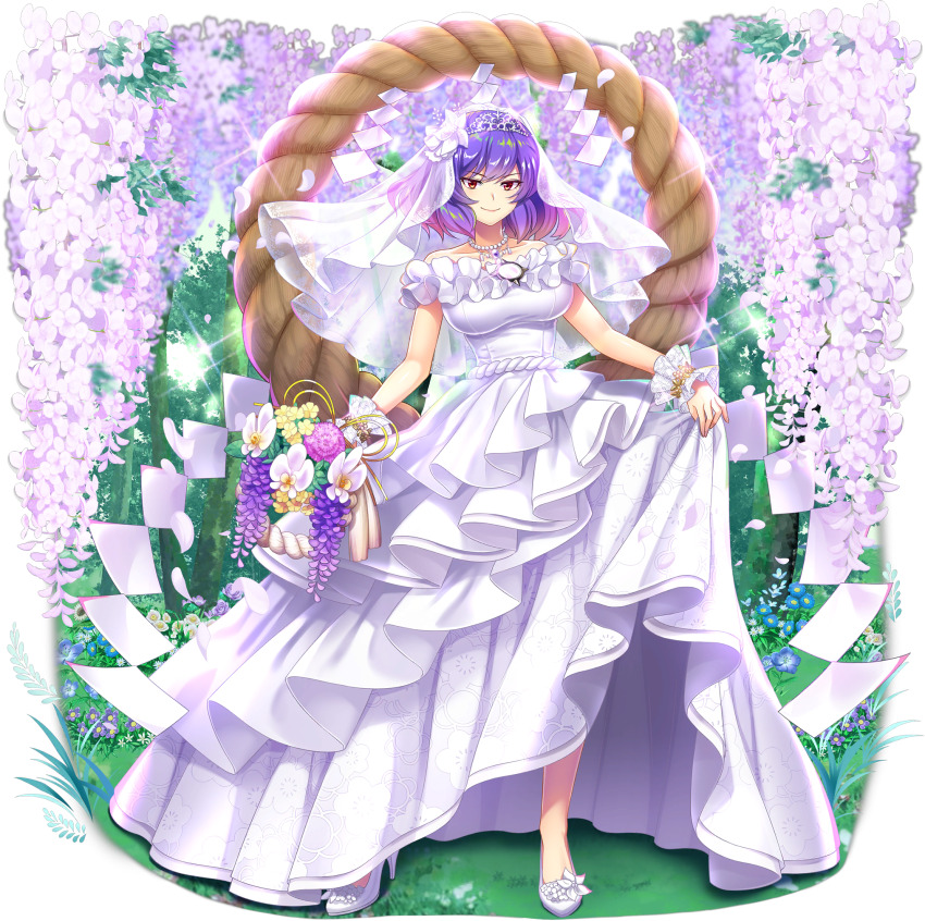 1girl, allium_(flower), alternate_costume, breasts, bridal_veil, buttercup_(flower), closed_mouth, collarbone, daisy_(flower), dress, falling_petals, flax_(flower), floral_print, flower, flower_basket, footwear_flower, frilled_dress, frills, full_body, game_cg, highres, holding_own_dress, jewelry, large_breasts, looking_at_viewer, medium_hair, mirror, necklace, nemophila_(flower), off-shoulder_dress, off_shoulder, official_art, orchid, pendant, petals, plum_blossom_print, primrose_(flower), print_dress, purple_flower, purple_hair, red_eyes, rope, rotte_(1109), see-through_clothes, see-through_veil, shide, shimenawa, shoes, smile, solo, sparkle, standing, third-party_source, tiara, touhou, touhou_lostword, transparent_background, veil, wedding_dress, white_dress, white_flower, white_shoes, white_veil, wisteria, wrist_cuffs, yasaka_kanako, yasaka_kanako_(era-defining_white_onbashira), yellow_flower