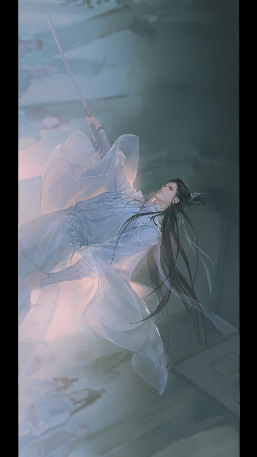 6+boys, brown_hair, chinese_clothes, chinese_commentary, clenched_hand, cowboy_shot, facial_mark, forehead_mark, grin, hanfu, highres, holding, holding_sword, holding_weapon, hu_suo_badao, letterboxed, liu_yao, long_hair, long_sleeves, looking_ahead, male_focus, multiple_boys, ribbon, ribboned_xiao_guan, smile, sword, topknot, weapon, white_hanfu, white_ribbon, wide_sleeves, wind, wind_lift, xiao_guan_(headdress), yan_zhengming