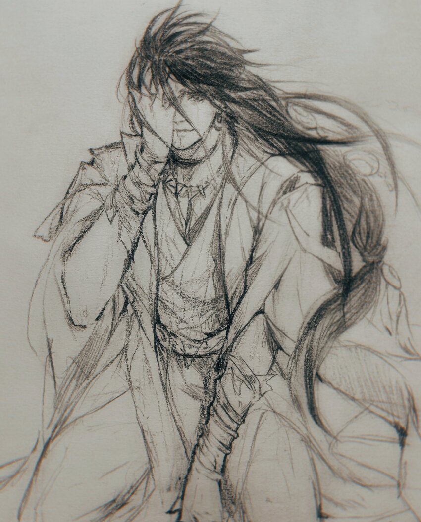 1boy, bandaged_arm, bandages, chinese_clothes, chinese_commentary, covering_one_eye, crying, crying_with_eyes_open